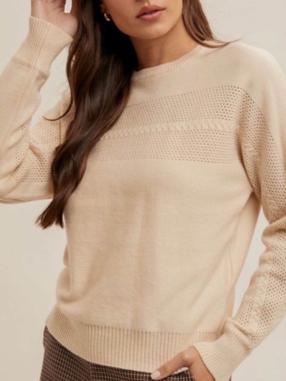 Hem & Thread Cream Open-Knit Crew Sweater